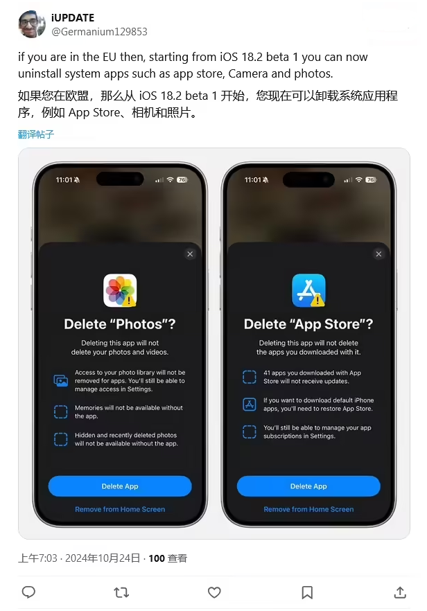 东洲苹果手机维修分享iOS 18.2 支持删除 App Store 应用商店 