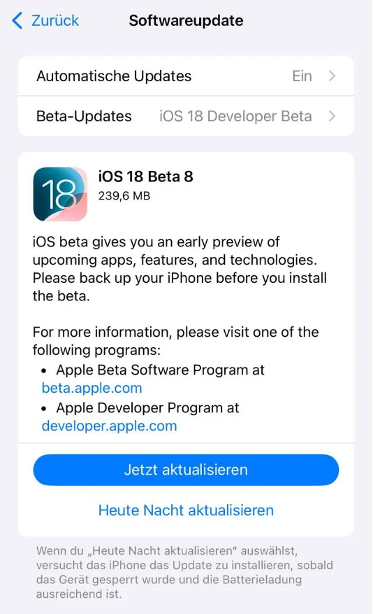 东洲苹果手机维修分享苹果 iOS / iPadOS 18 开发者预览版 Beta 8 发布 